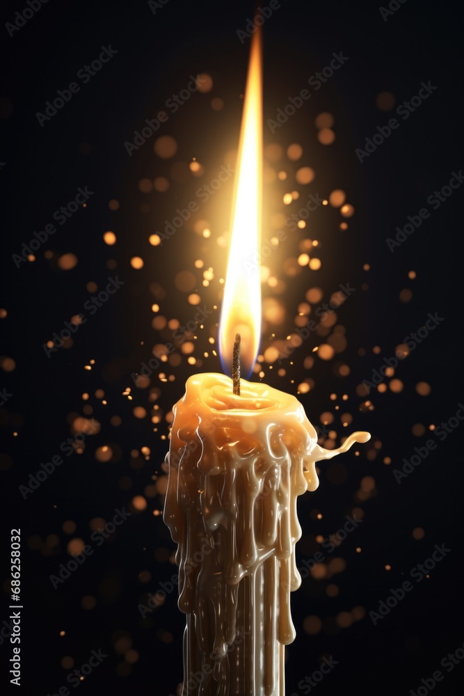 Poster A lit candle with water droplets on a black background. This image can be used for creating a calming atmosphere or for illustrating concepts such as purity, serenity, or meditation.