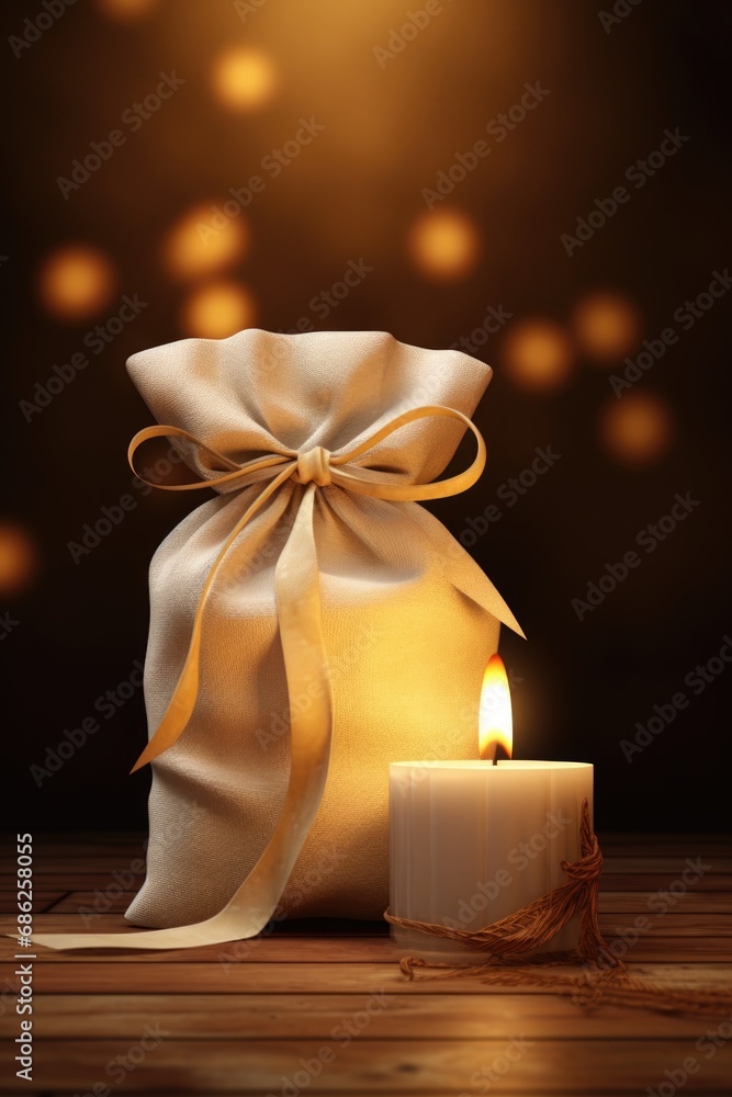 Aufkleber a bag with a candle placed on a wooden table. suitable for various occasions and settings.