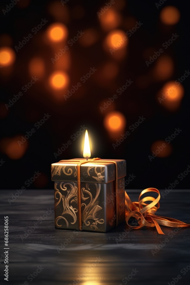 Poster a lit candle sitting on top of a wooden table. can be used to create a cozy atmosphere or as a symbo