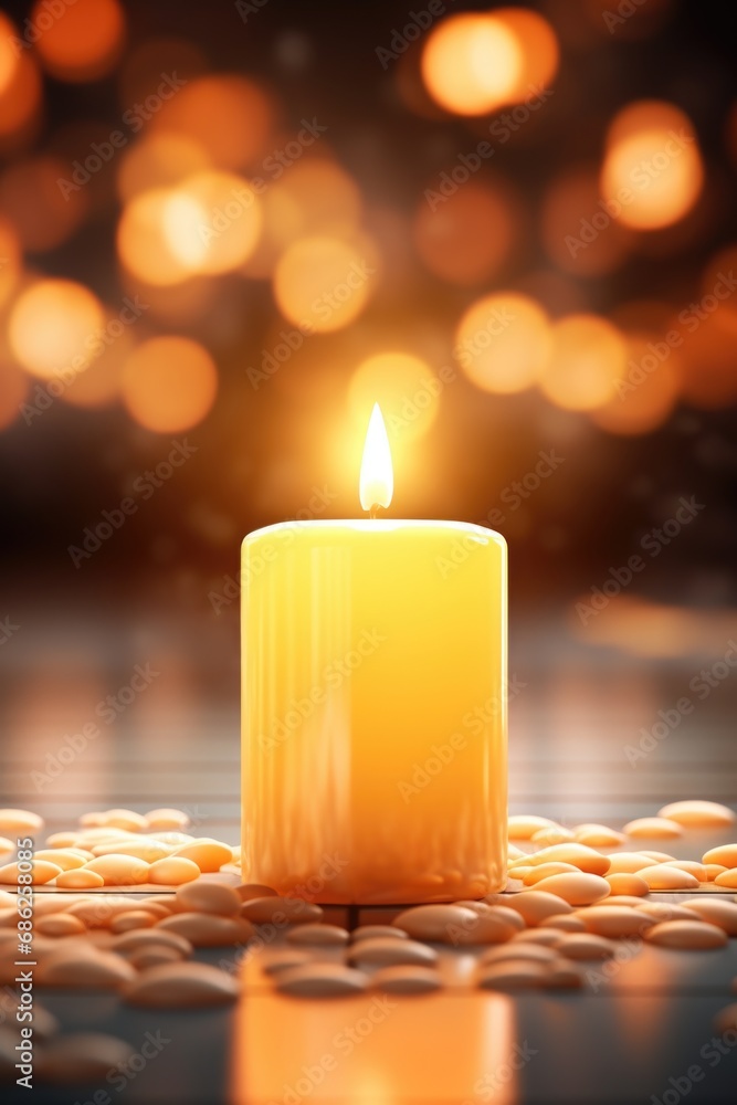 Aufkleber A lit candle sitting on top of a table. This image can be used to create a cozy and intimate atmosphere in various settings.