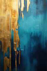 Abstract oil painting: golden strokes on a blue-turquoise background, boho style, artistic texture.
