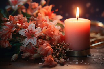A lit candle sits next to a bunch of beautiful flowers. This image can be used to create a peaceful and romantic atmosphere.