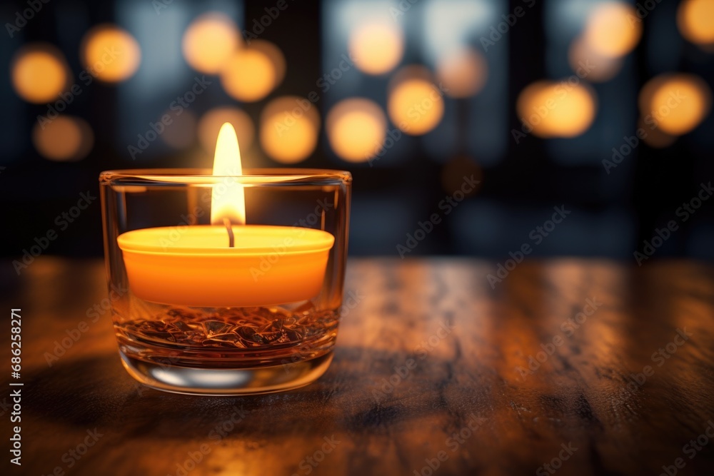 Poster a lit candle placed on top of a wooden table. this image can be used to create a cozy and warm atmos