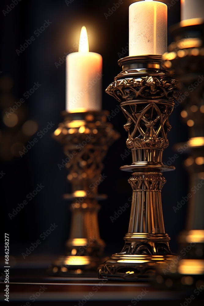 Poster A collection of candles arranged neatly on a table. This versatile image can be used to create a cozy atmosphere or for various decorative purposes.