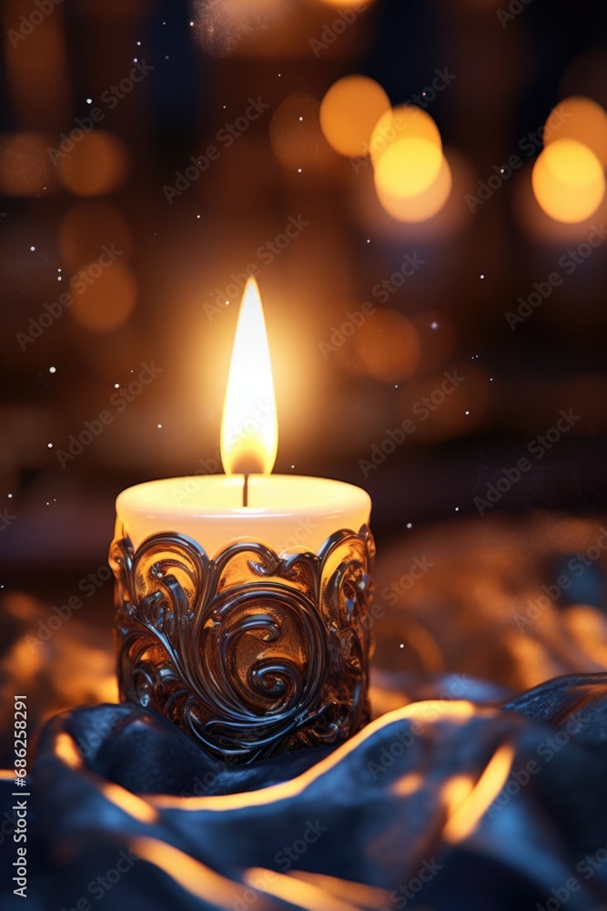 Poster a lit candle sitting on top of a bed. perfect for creating a cozy and romantic atmosphere.