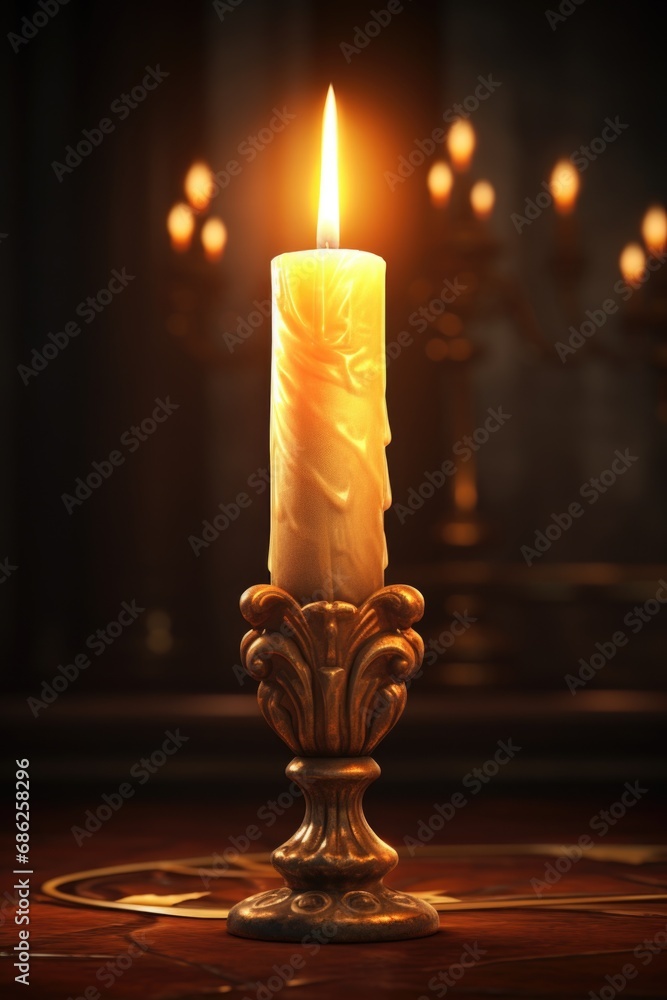 Poster A lit candle sits on top of a wooden table. This image can be used to create a cozy and warm ambiance in various settings.