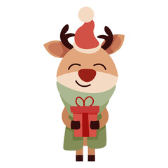 Obraz premium Smiling Christmas reindeer wearing a hat with a gift