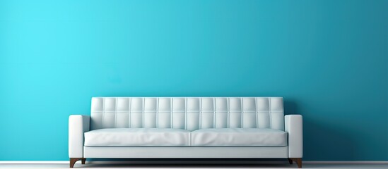Empty frame hanging on a blue wall over a fashionable sofa