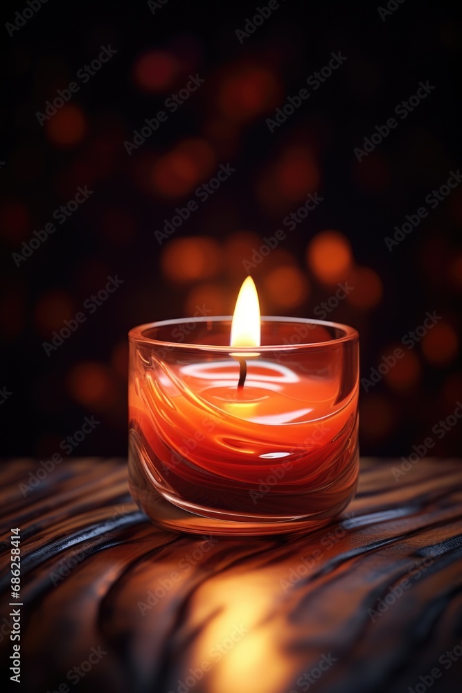 Poster a simple yet captivating image of a lit candle resting on top of a wooden table.