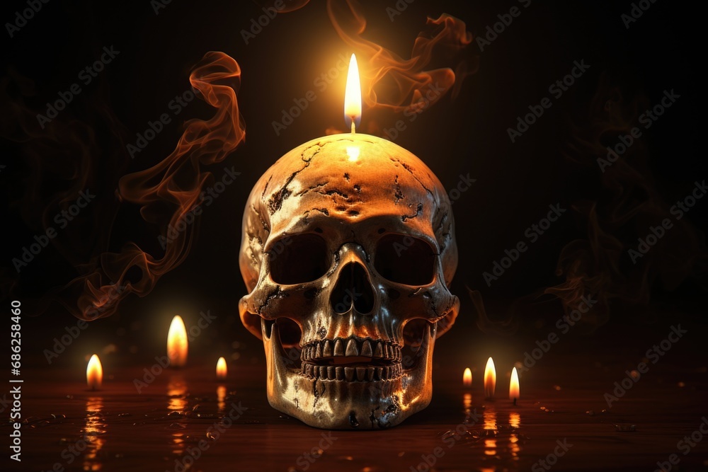 Poster a skull with a lit candle placed in its center.