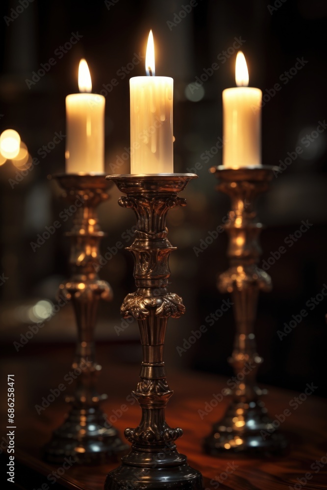 Poster A group of three candles sitting on top of a wooden table. Perfect for creating a cozy and warm atmosphere.