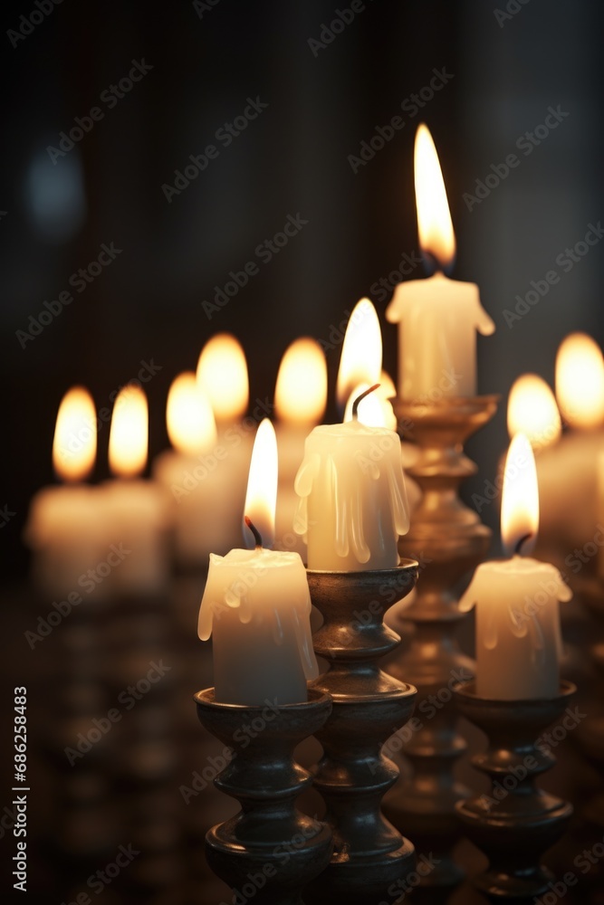 Poster A group of lit candles sitting on top of a table. This image can be used to create a warm and cozy atmosphere for various occasions.