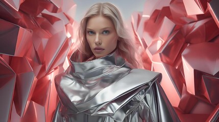 a woman dressed in metallic clothing standing in front of an array of red, silver