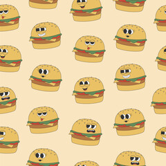 Seamless pattern with groovy hippie burgers. Cartoon characters in trendy retro style on pink background. Vector illustration