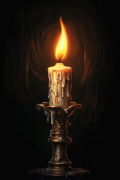 A lit candle sitting on top of a table. This image can be used for creating a cozy atmosphere or for religious and spiritual themes.