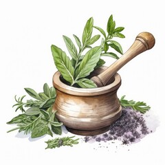 Watercolor Sage Leaves and Rustic Mortar Pestle Clipart