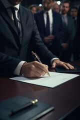 A man in a suit signing a document. This image can be used for business, legal, or professional purposes.