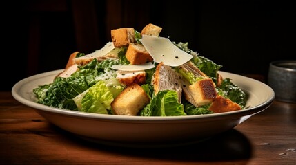 A side view of a classic chicken Caesar salad with garlic croutons.