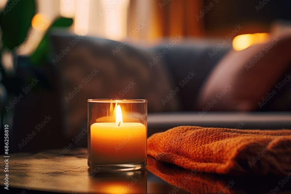 Poster A candle sits on top of a table next to a towel. This image can be used to create a relaxing and cozy atmosphere in various settings.