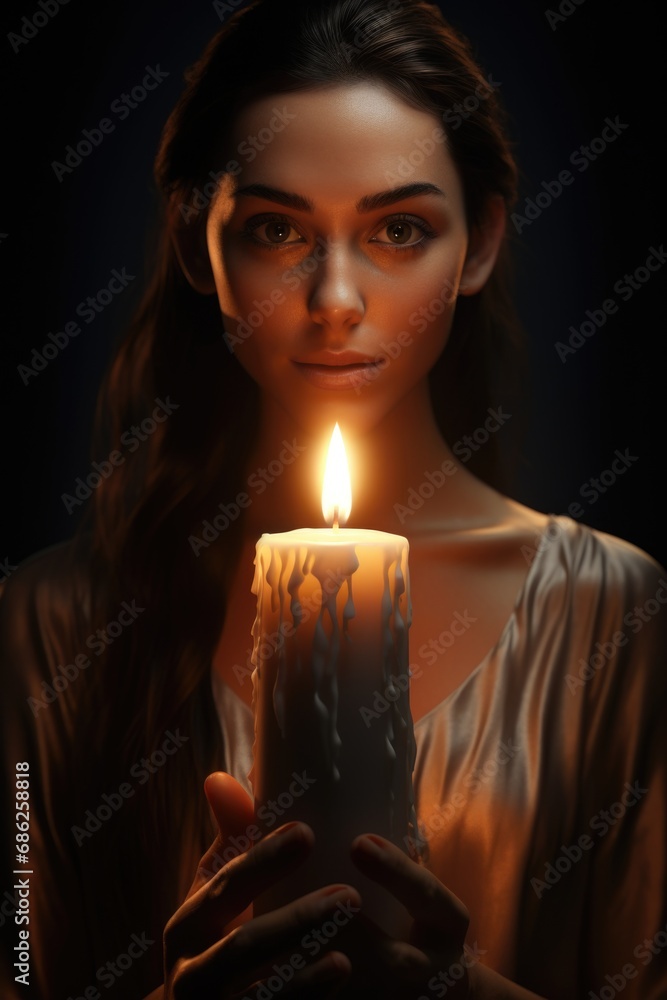 Aufkleber A woman holds a lit candle in front of her face, creating a mysterious and captivating image. projects.
