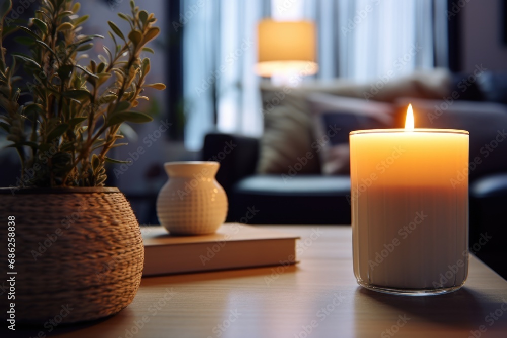 Poster A candle sitting on top of a table next to a plant. This image can be used to create a cozy and peaceful atmosphere in various settings.