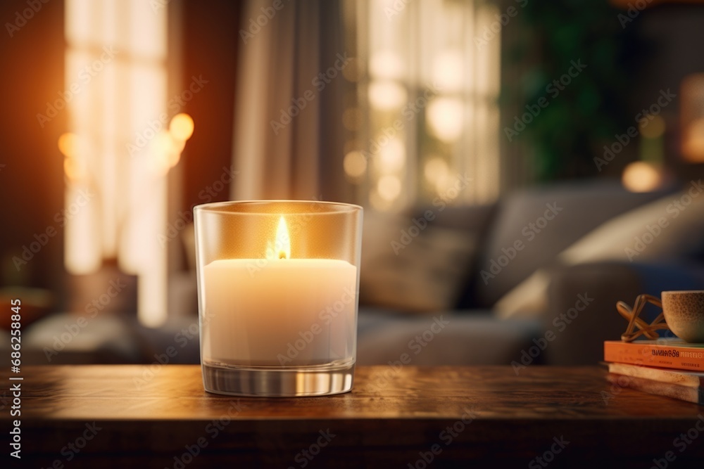 Poster A simple image of a lit candle placed on top of a wooden table. Perfect for adding a warm and cozy atmosphere to any project.