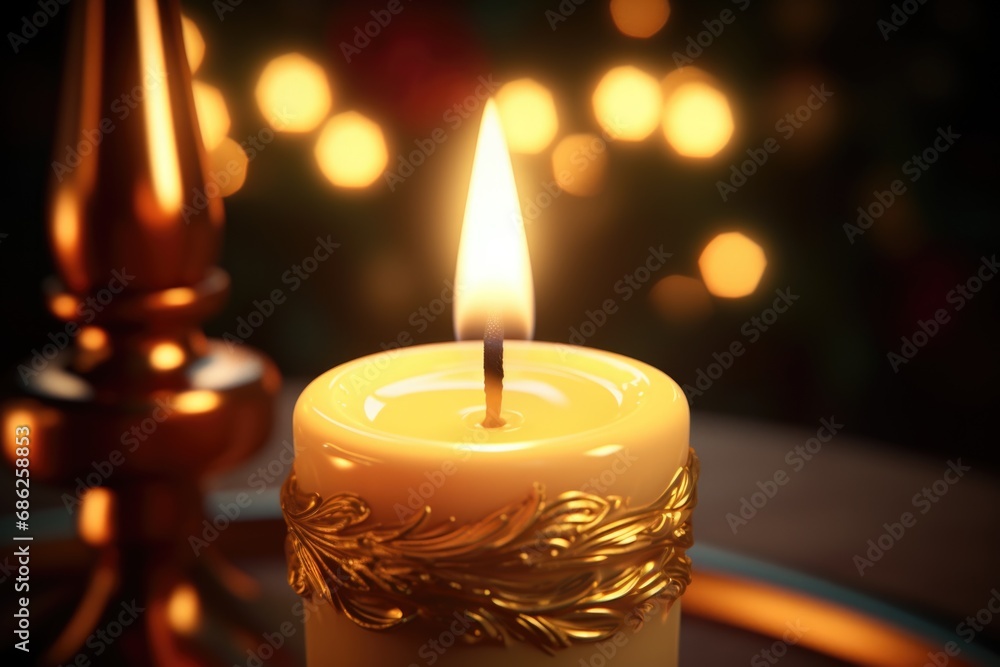 Poster A lit candle sitting on top of a table. Suitable for adding a warm and cozy ambiance to any setting.