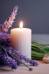 Obraz na płótnie Canvas A simple and elegant arrangement of a white candle and purple flowers on a table. Perfect for adding a touch of beauty and serenity to any space.