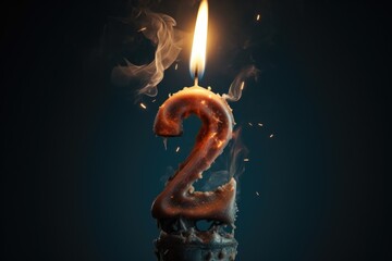 A lit candle with the number 2 on it. Can be used for birthday celebrations or to represent the second anniversary.