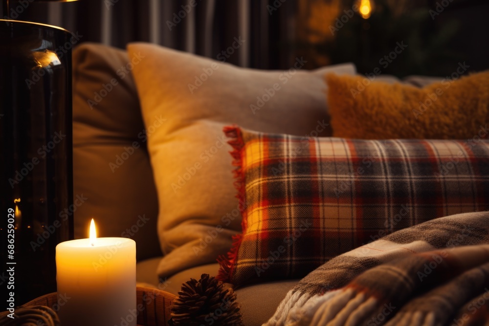 Poster a lit candle sits next to a pile of soft pillows, creating a cozy and relaxing atmosphere.