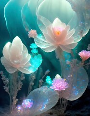 Fototapeta na wymiar Transparent glowing water lilly flowers at the sea bottom, surrounded with white veil. Abstract underwater image. 