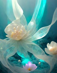 Transparent water lilly flowers blooming at the sea bottom, surrounded with white veil. Abstract underwater image. 