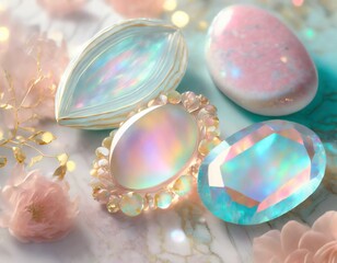 Shining pastel oval opal stones as background.