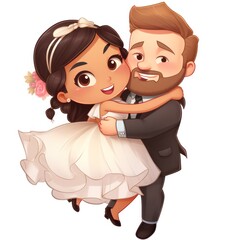 Cute Chubby Wedding Couple Cartoon in Chibi Style Groom Carrying Bride