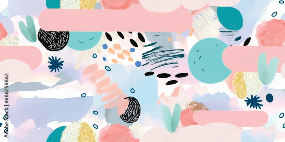 Poster set of three seamless patterns. hand drawn various shapes and doodle objects. abstract contemporary 