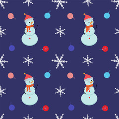 Snowmen, snowflakes and christmas tree ball illustration. Christmas vector seamless pattern. Colorful flat icons on a blue background.