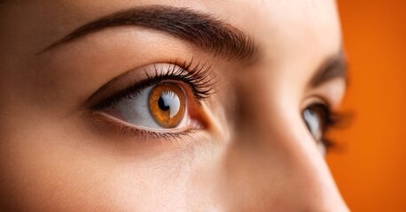 Fototapeta premium Macro shot of person eye on orange color background. Eye care lens concept