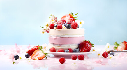 Creamy ice cream cake decorated with fresh berries - 686260250
