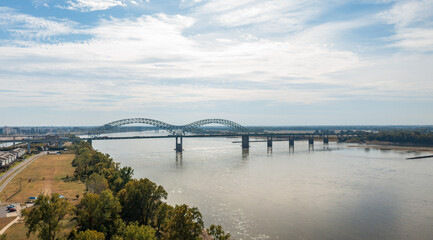 Extreme low water conditions on Mississippi river under Hernando de Soto bridge in Memphis TN in...