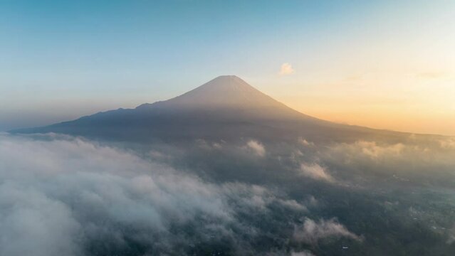 Aerial view of Semeru mountain at sunrise, Indonesia.