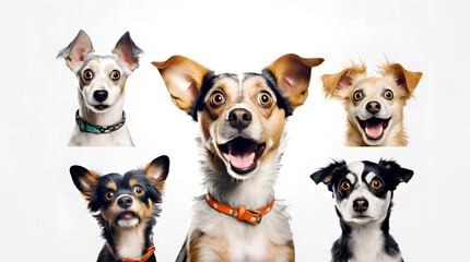 Cute surprised dogs muzzles on a white background