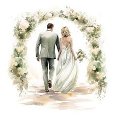 Watercolor Bride and Groom Walking Down Aisle Surrounded by White Roses