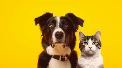 Grey striped tabby cat and a border collie dog with.Generative AI
