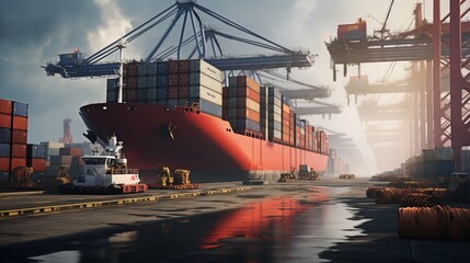 Container Ship Unloading In Port stock - obrazy, fototapety, plakaty
