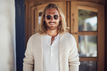 Portrait of a handsome European male model wearing sunglasses and Norwegian knitted cardigan