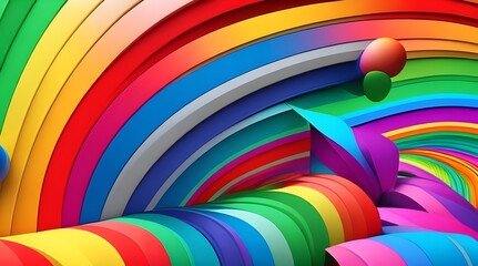 3d render of abstract rainbow background with colorful curved lines and balls