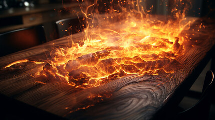 Cozy Home Atmosphere: Flames Burning on a Rustic Wooden Table - Warmth and Comfort in a Closeup of a Wooden Surface, Perfect for Backgrounds and Texture.