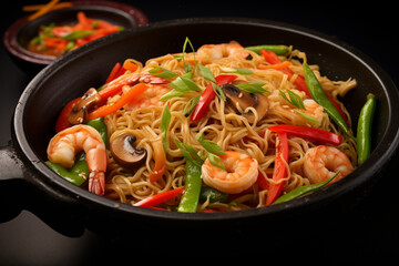 Stir fry noodles, pepper, asparagus, and prawns in a black frying pan. Culinary perfection