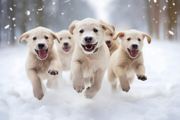 Group of young adorable golden labrador retriever dog breed puppies running through snowy forest...