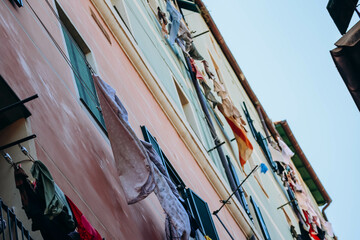 Laundry is dried outside a window in the center of Ventimiglia in Italy.